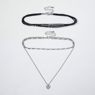Black heart layered choker necklace set